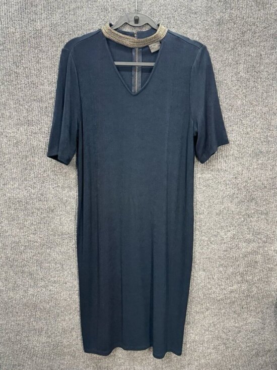 Chico's Dresses & Skirts - Chico’s Travelers Neck-Band Choker Dress Womens 2/Large Navy Blue Midi Slinky